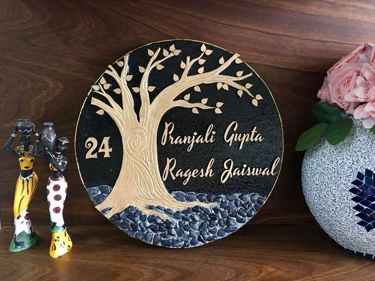 Golden Tree Wooden Name Plate  wooden name plate house office door wall flat bungalow plaques hand made hitchki dot in personalized gifts 0009