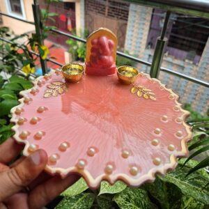 3D Ganesha Devotional Metallic Pink Pooja Thali 5 4