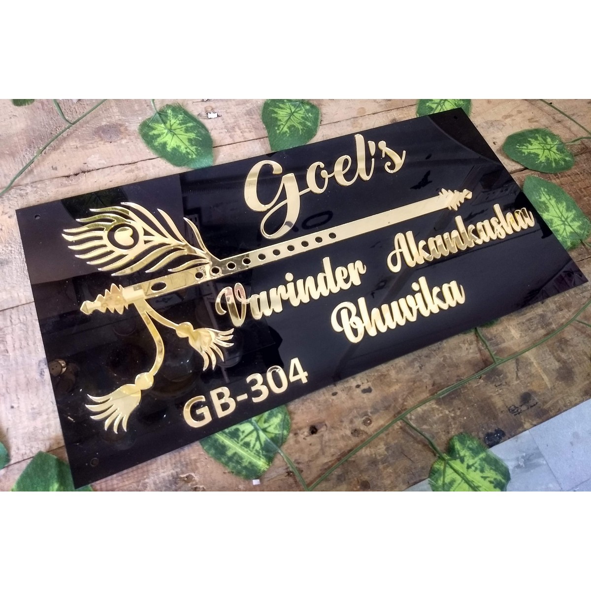 Acrylic House Name Plate - embossed letters - black with golden 3