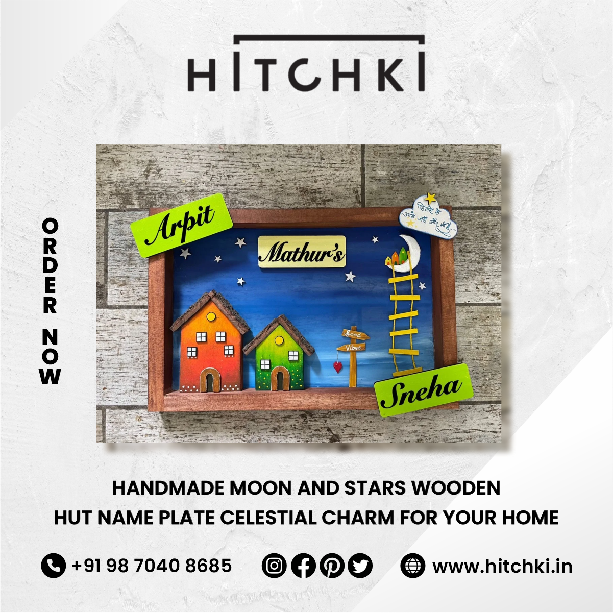 Add Celestial Charm to Your Home with a Moon and Stars Wooden Hut Nameplate