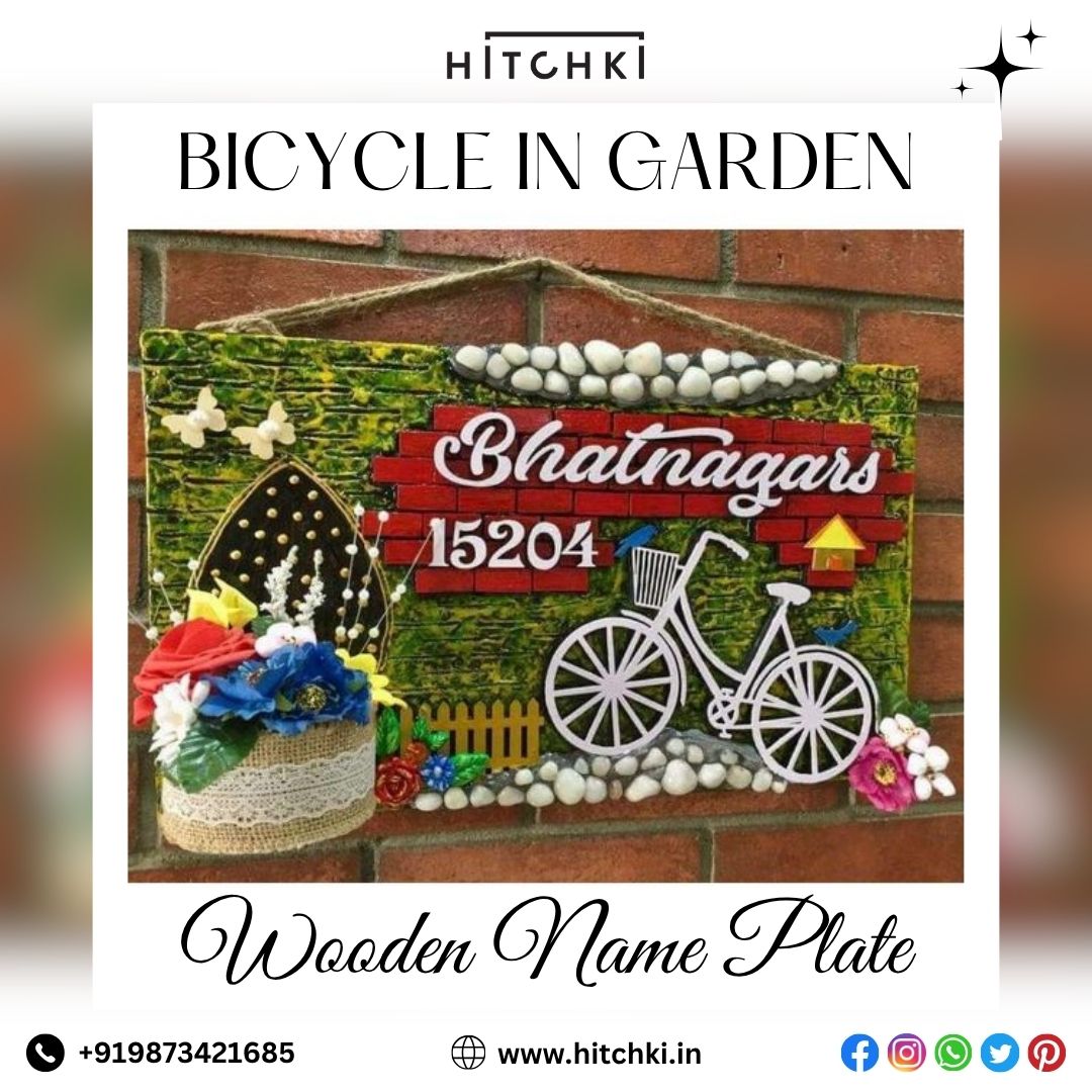Bicycle In Garden Wooden Name Plate