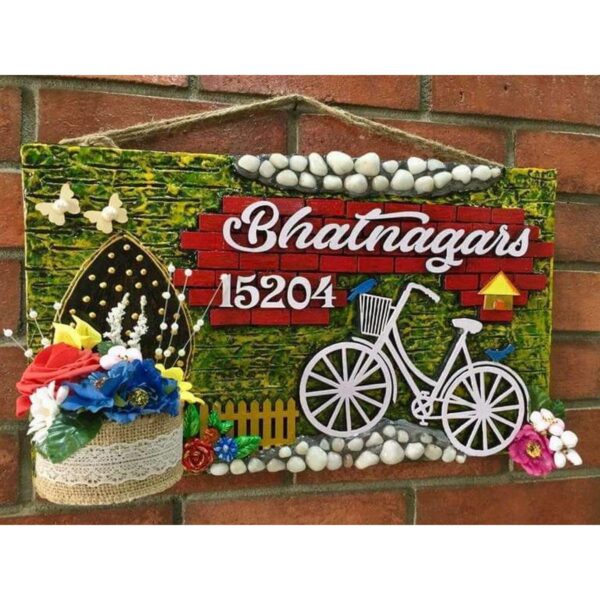 Bicycle in Garden Wooden Name Plate With House Number 1