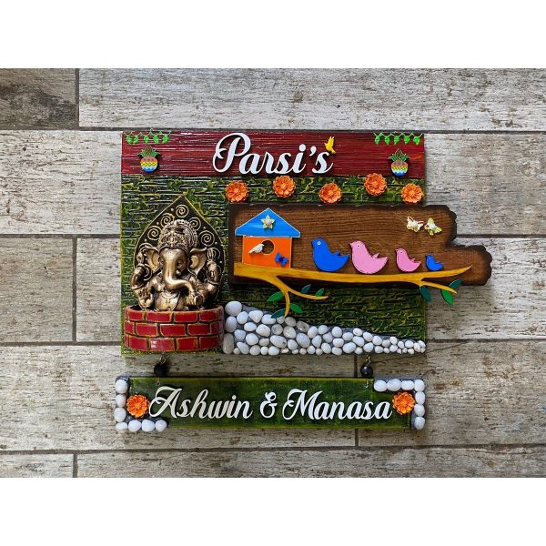 Bird Family Ganesha Green Nameplate