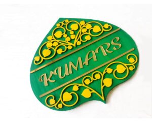 Bodhi Leaf Wooden Painted Nameplate with Golden Names