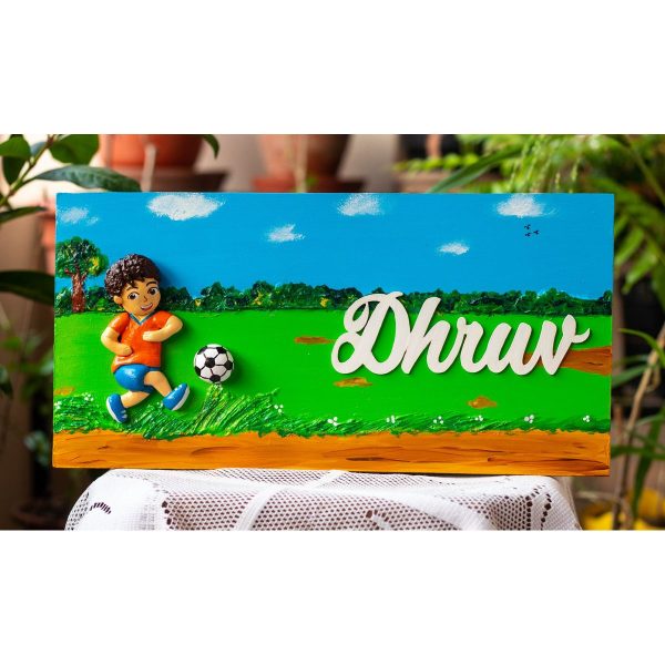 Boy Playing Football Themed Customized Nameplate 600x600
