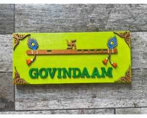 Bring Serenity Home with our Krishna Lime Green Neem Wood Nameplate (1)