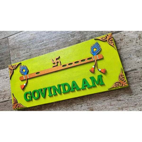 Bring Serenity Home with our Krishna Lime Green Neem Wood Nameplate (2)