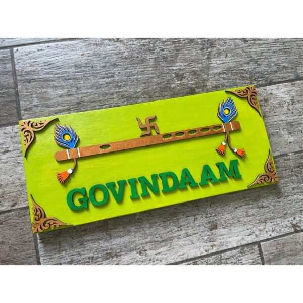 Bring Serenity Home with our Krishna Lime Green Neem Wood Nameplate (3)