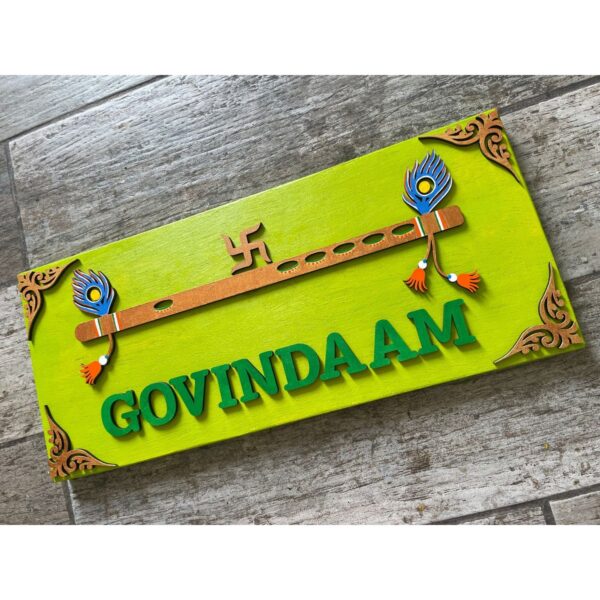 Bring Serenity Home with our Krishna Lime Green Neem Wood Nameplate (4)