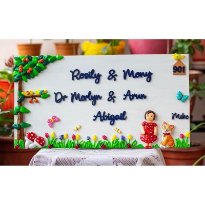 A girl And Cat Themed Family Nameplate