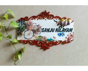 Decorated Wooden Nameplate With Bicycle Owl