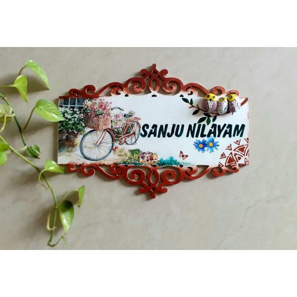 Decorated Wooden Nameplate With Bicycle Owl 600x600