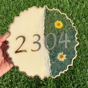Decorative Blossom Flower Ivory Color Resin Numberplate