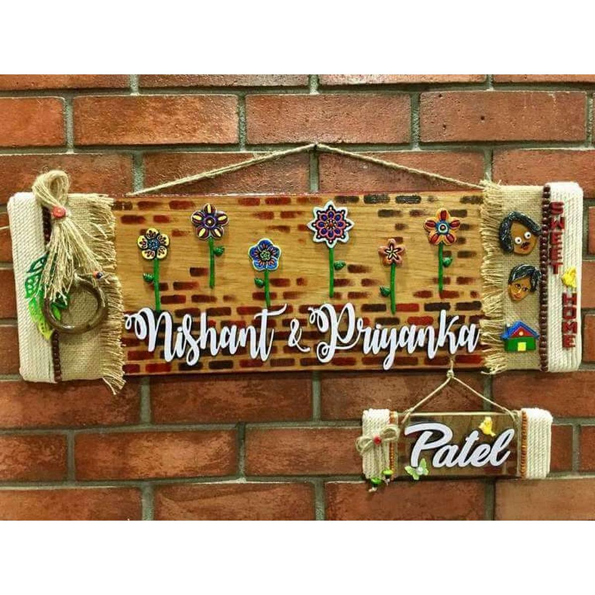 Flowery Wall wooden Name Plate  