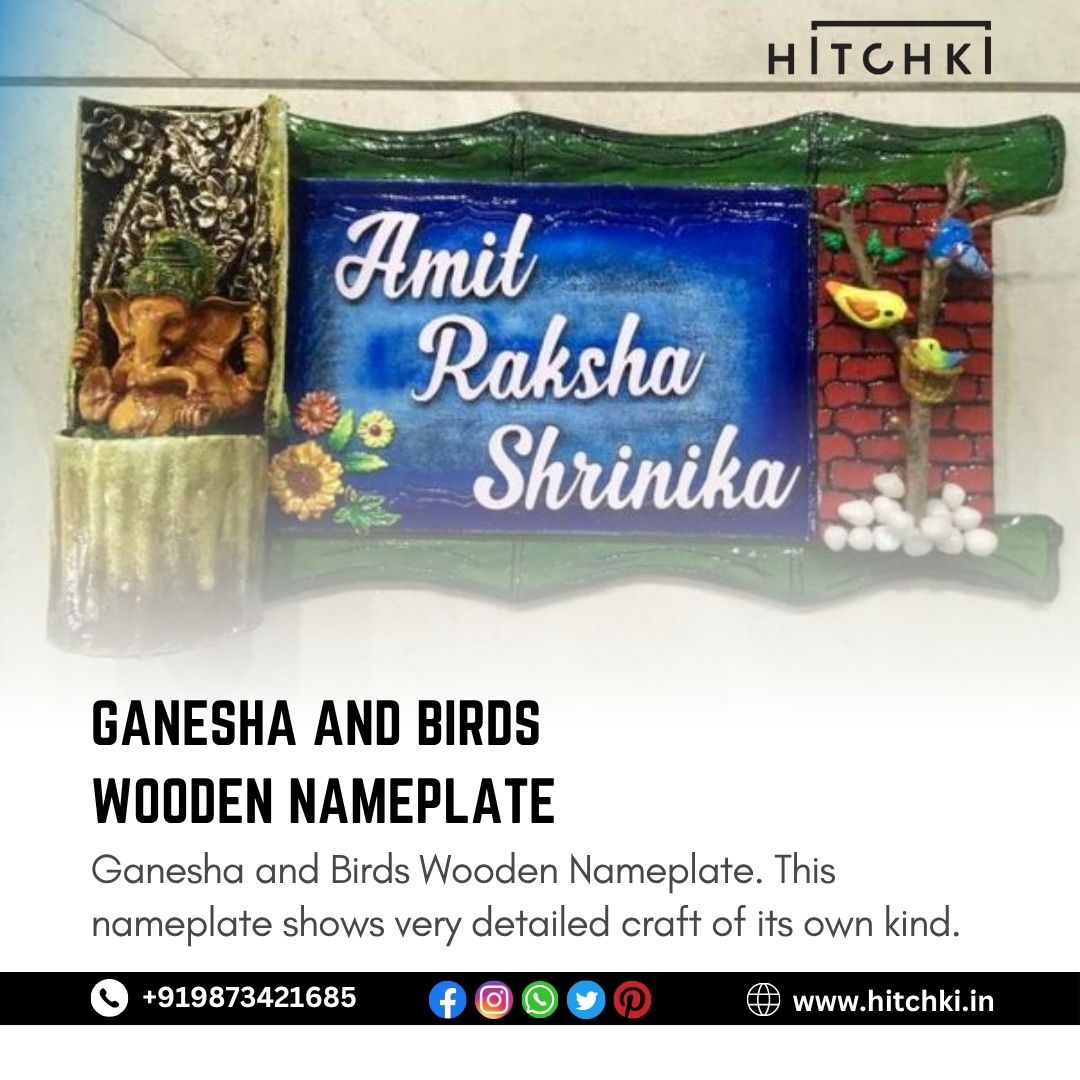 Ganesha Birds Wooden Nameplate