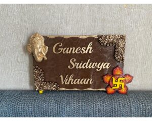 Ganesha Stones And Flower Wooden Nameplate