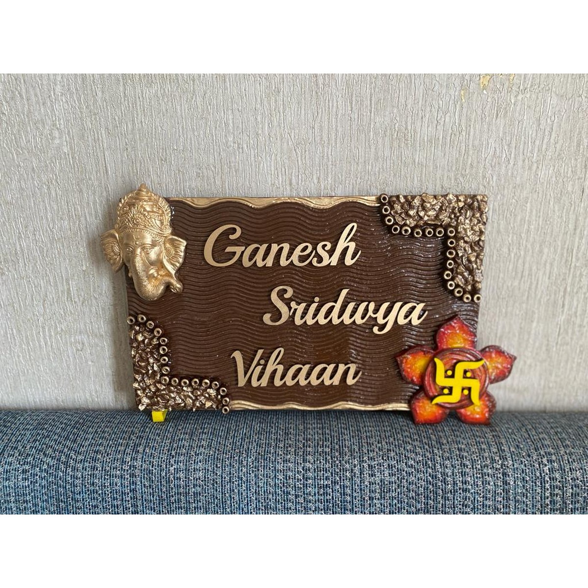 Ganesha Stones And Flower Wooden Nameplate  