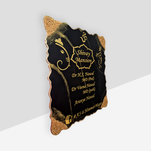 Ganesha and Krishna Theme Black Resin House Nameplate 1