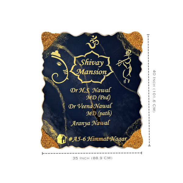 Ganesha and Krishna Theme Black Resin House Nameplate 2