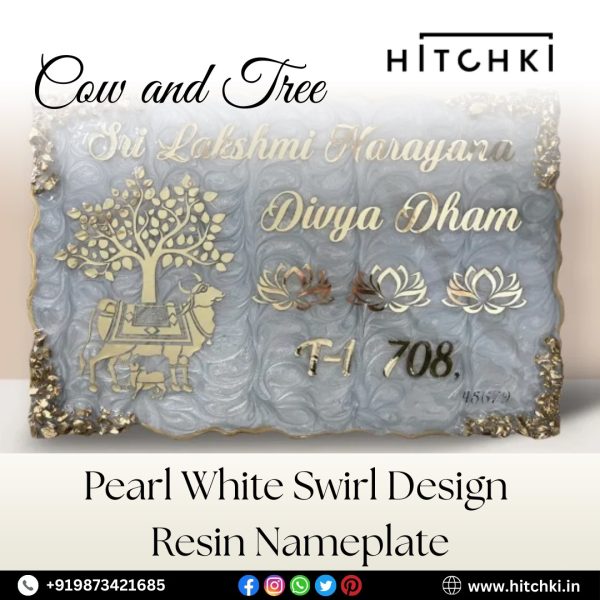 Grace Your Home with Divine Charm – Cow and Tree Pearl White Resin Nameplate