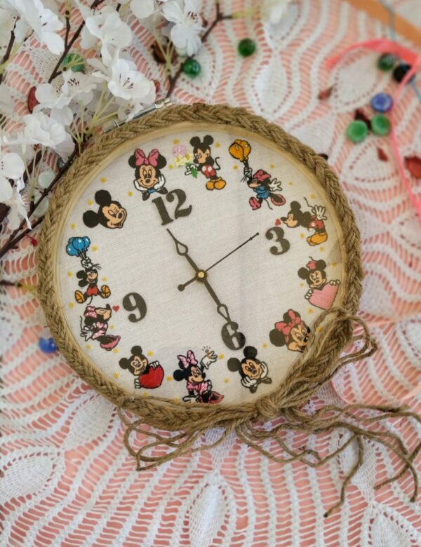 Hand Embroidered Framed Clocks Mickey Minnie 1