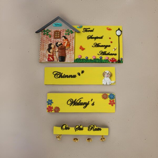 Hut Shaped Family Nameplate With Three Hanging Plates