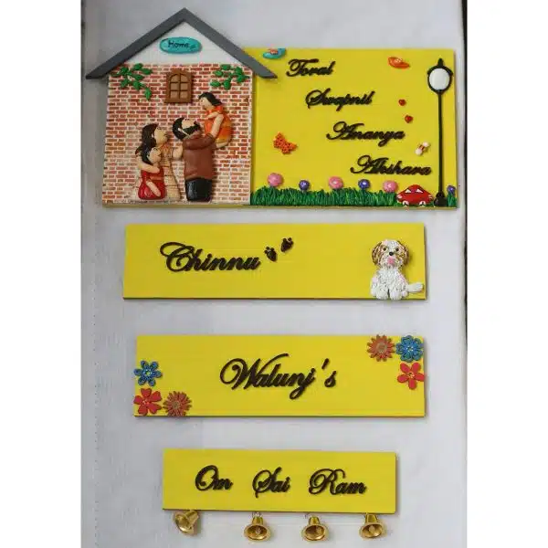 Hut Shaped Family Nameplate With Three Hanging Plates