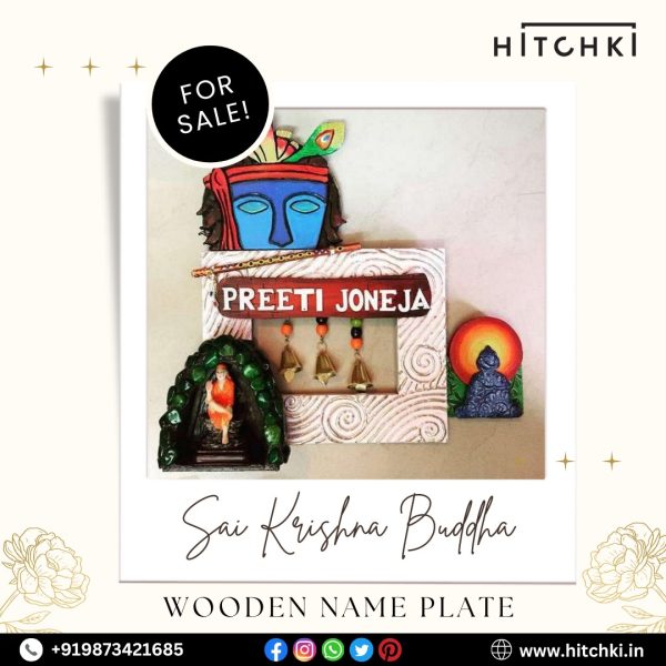 Invite Divine Energy Home – Sai Krishna Buddha Wooden Name Plate by Hitchki