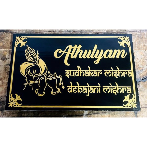 Krishan Ji Design Laser Engraved Granite Engraved Home Name Plate Black with Golden