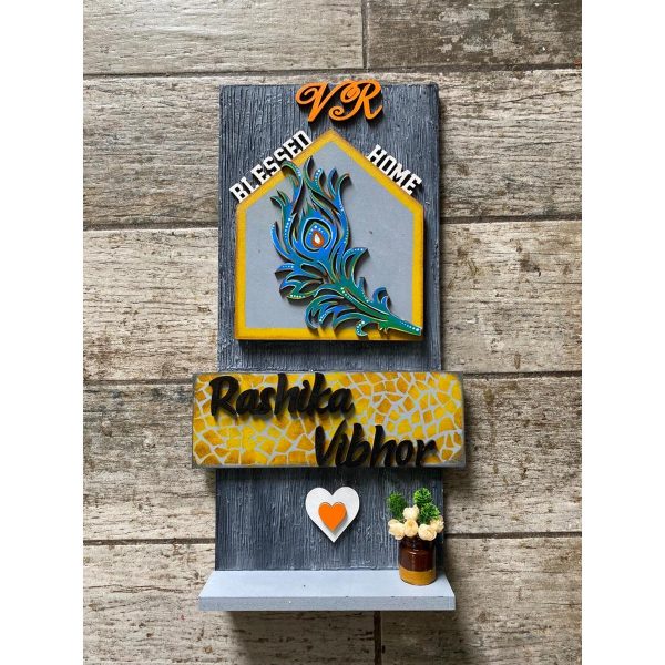 Krishna Feather Wooden Nameplate 1 1