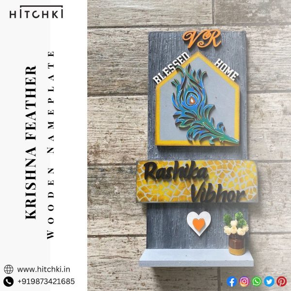 Krishna Feather Wooden Nameplate 3