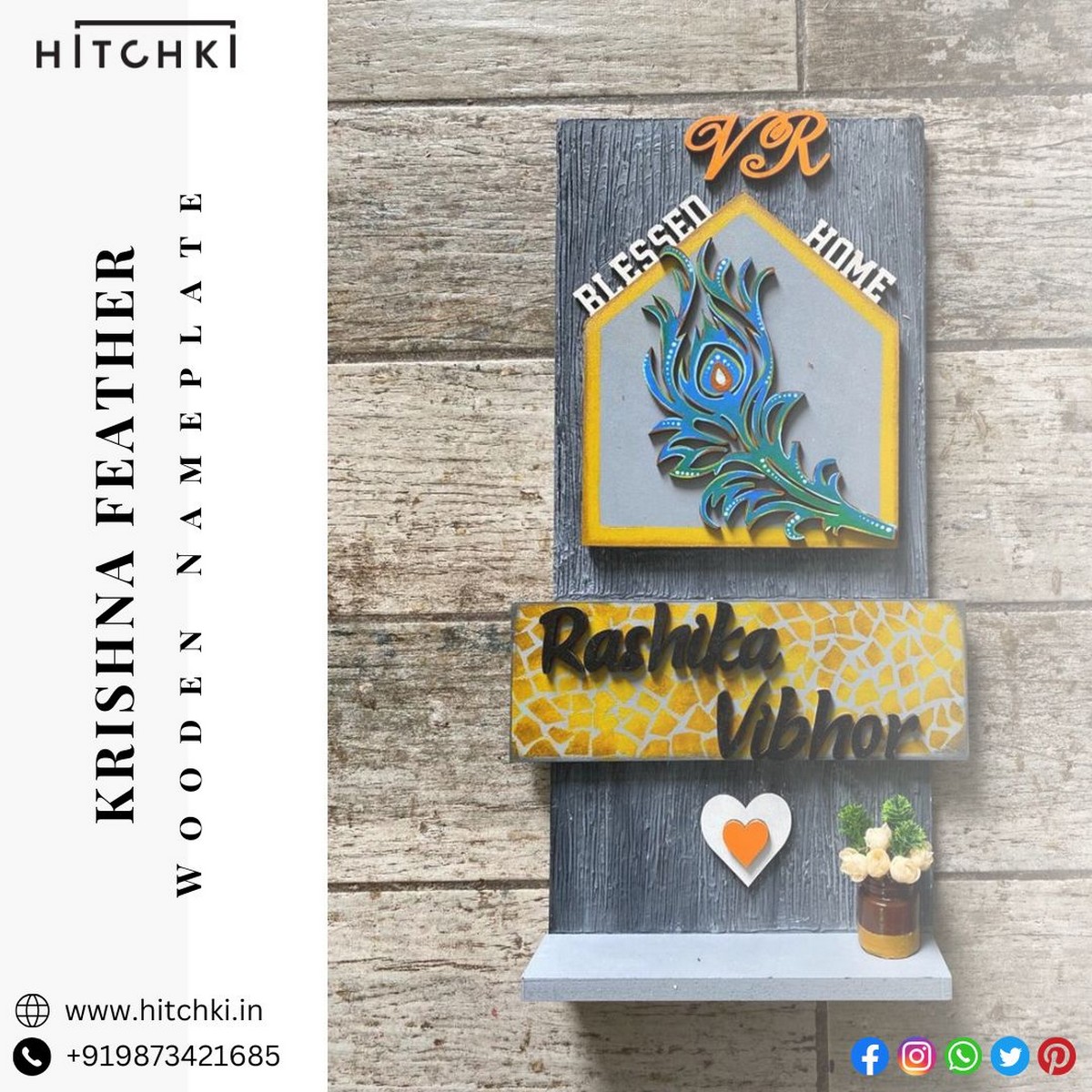 Krishna Feather Wooden Nameplate