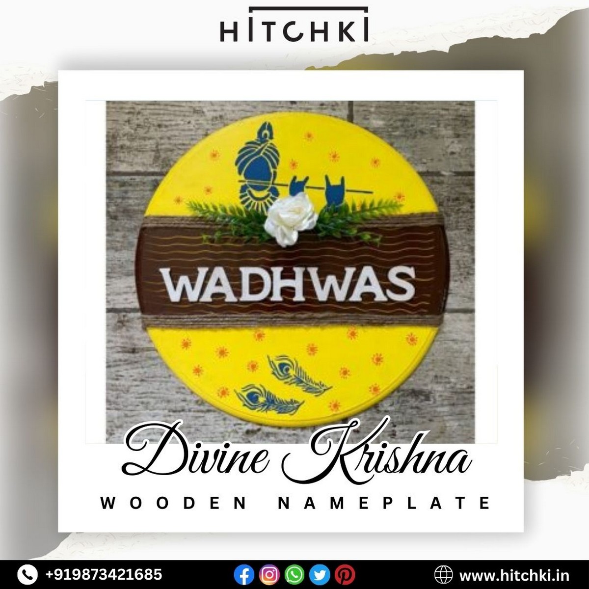 Krishna Round Wooden Nameplate