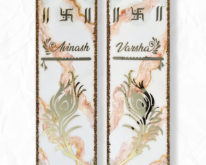 Krishna Theme Set of 2 White and Orange Blend Marble Resin Nameplate