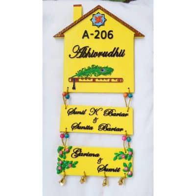 Krishna Themed Hut Shaped Nameplate 400x400