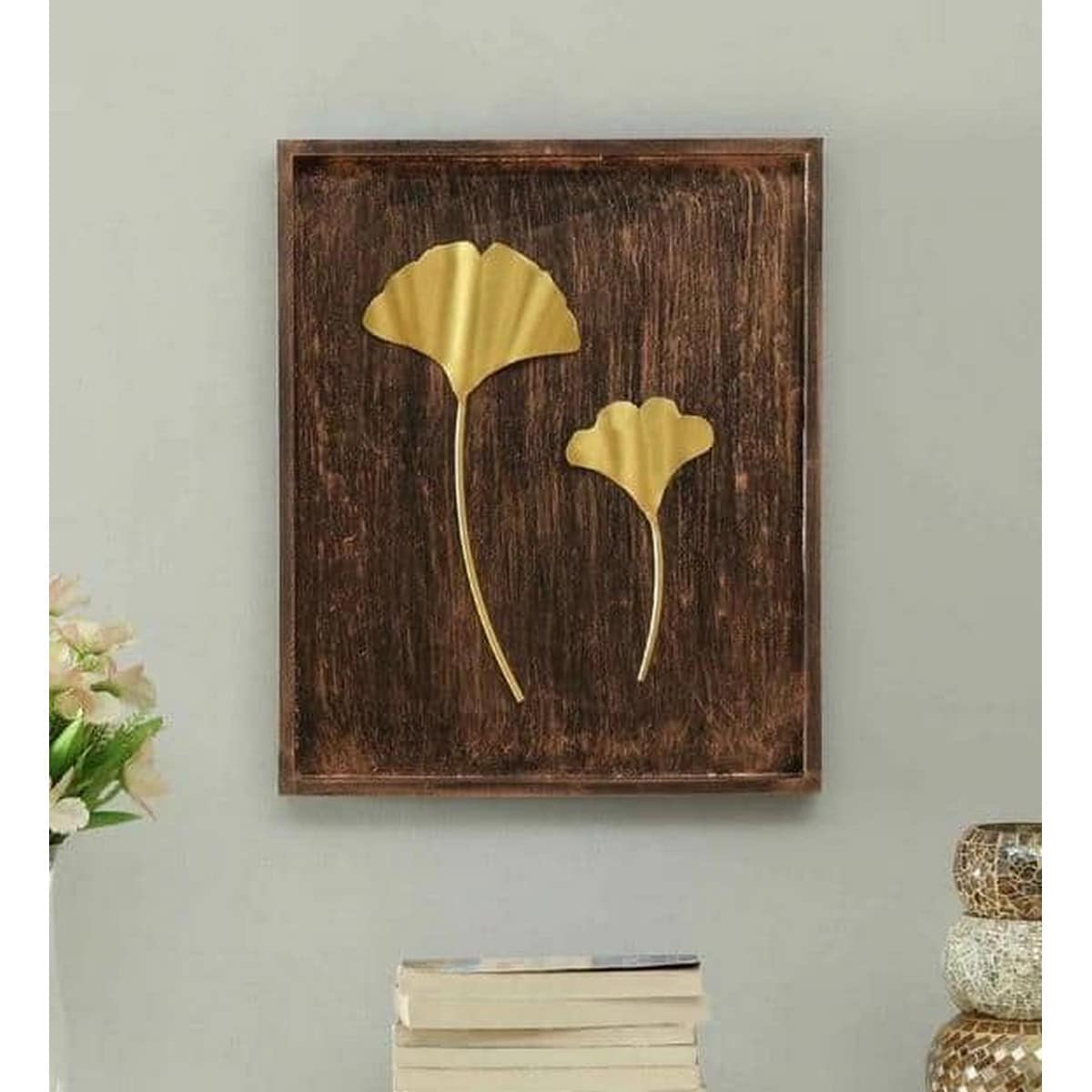 Lavya Ginko Leaf on Wooden Board for Wall Decoration  