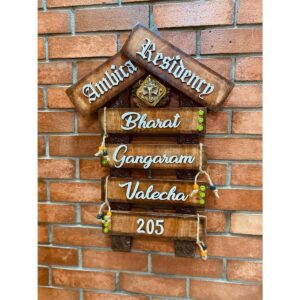 Lord Ganesh Wooden Hut Family Nameplate 1