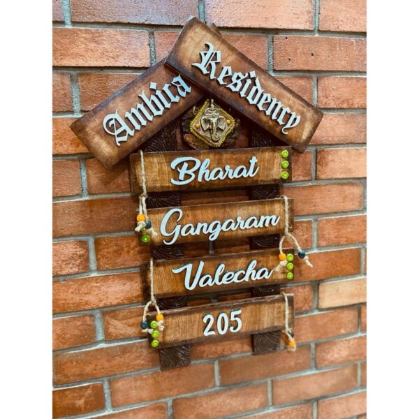 Lord Ganesh Wooden Hut Family Nameplate 2