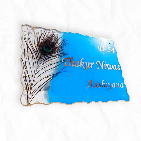 Marine Blue Transparent With Mor Pankh Casted Resin Nameplate 1