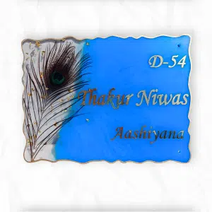 Marine Blue Transparent With Mor Pankh Casted Resin Nameplate