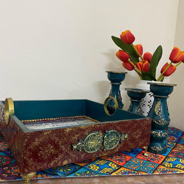 Maroon tray with candle stand 1