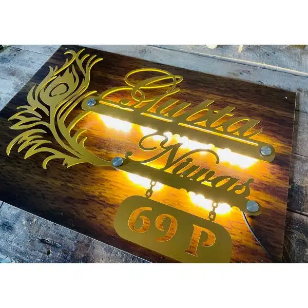Metal LED House Name Plate wood texture acrylic 3