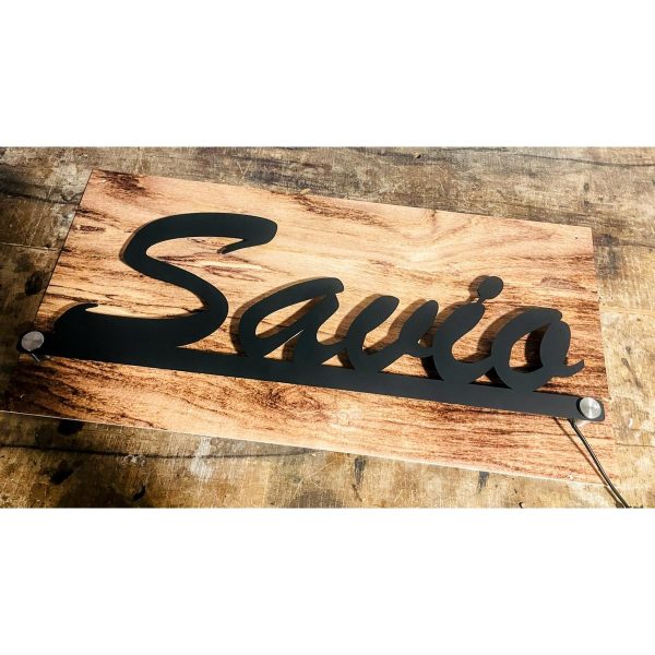 Metal LED Laser Cut House Name Plate with Wooden Texture Acrylic Waterproof 3