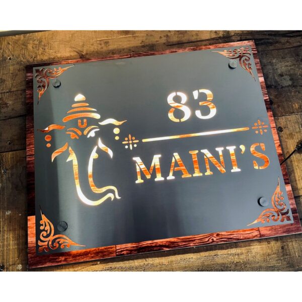 Metal SS 304 LED Waterproof Name Plate – with wood texture base1