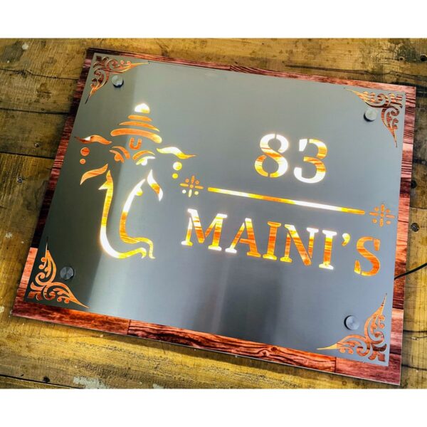 Metal SS 304 LED Waterproof Name Plate – with wood texture base3