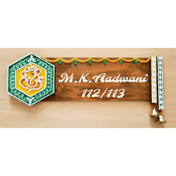 Mirror Work Cone Ganesha Nameplate