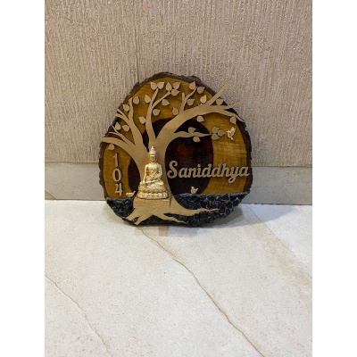 Natural Wood Log Buddha Name Plate 400x400