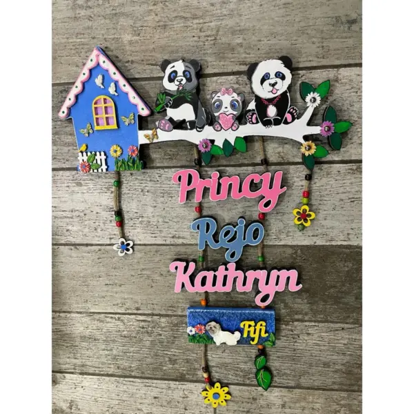 Panda Family Cute Nameplate with Pet Dog