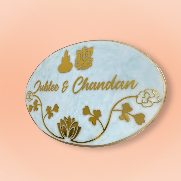Pastel Green with White Laxmi Ganesh Theme Resin Nameplate 1