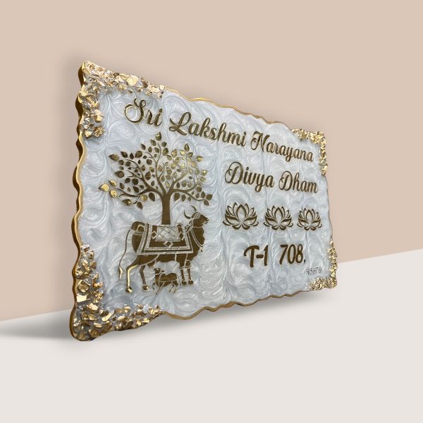 Pearl White Swirl Design Cow and Tree Resin Nameplate 1